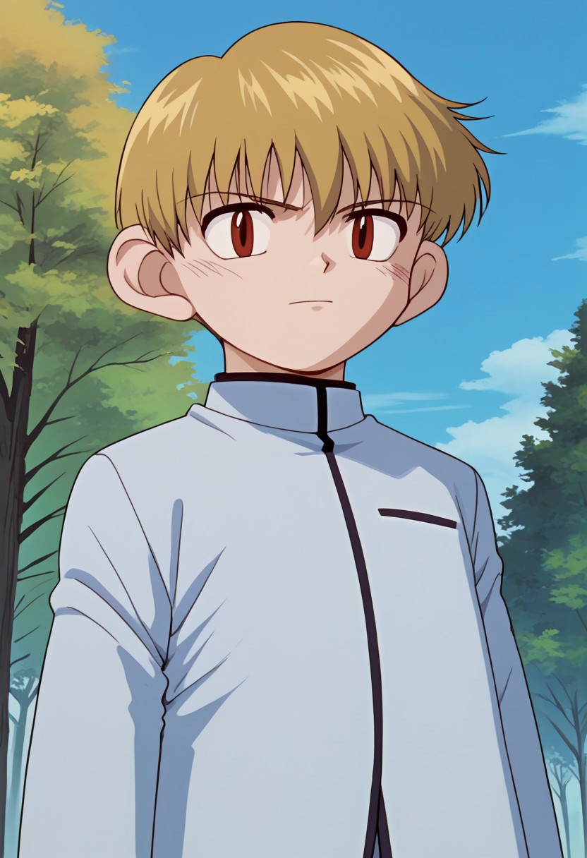 score_9, score_7_up, source_anime 
okita, 1boy, male focus, solo, red eyes, blonde hair, short hair, school uniform, jacket, grey jacket, long sleeves, upper body,
outdoor, sky, tree