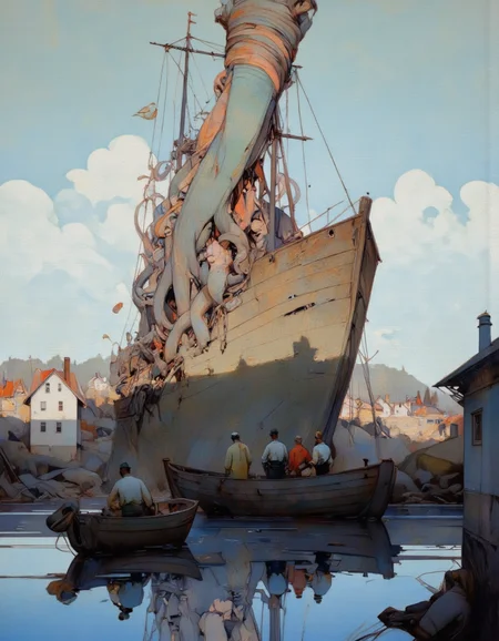 Steve McDonald Art. This image is a digital painting with a surreal, whimsical style. It depicts a harbor scene with an otherworldly twist. In the foreground, there are two boats, one small and one medium-sized, anchored in calm water. The boats are painted in muted tones of blue and gray, reflecting the water's surface. A group of four people, dressed in traditional sailor outfits with dark hats and coats, are standing on the smaller boat, engaged in quiet conversation.
In the background, a towering, tentacled creature emerges from the water, its body resembling a massive octopus with a multitude of tentacles wrapped around the masts and rigging of a large, ghostly ship. The ship's hull is partially visible, and it seems to be sinking, with the tentacles entwining around it. The ship's sails are tattered and the masts are bare, giving it an eerie, abandoned appearance.
The background also features a small village with white and beige buildings with red roofs, situated on a rocky shoreline. The sky is a muted blue, with soft clouds and a hint of sunrise or sunset, casting a warm glow over the scene. The overall mood is one of mystery and tranquility, with an underlying sense of foreboding. <lora:Steve_McDonald:1.25>