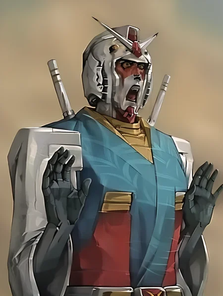 score_9, score_8_up, score_7_up, score_6_up, uncensored, source_anime, rating_safe,
BREAK,
solo,
<lora:moriyoshi_face_omg:1>,moriyoshi_face_omg, open mouth, realistic, photo, solo, upper body, hands,
1boy,,
<lora:Gundam RX-78-2 ponyXL v1.5:1>,Gundam RX-78-2,