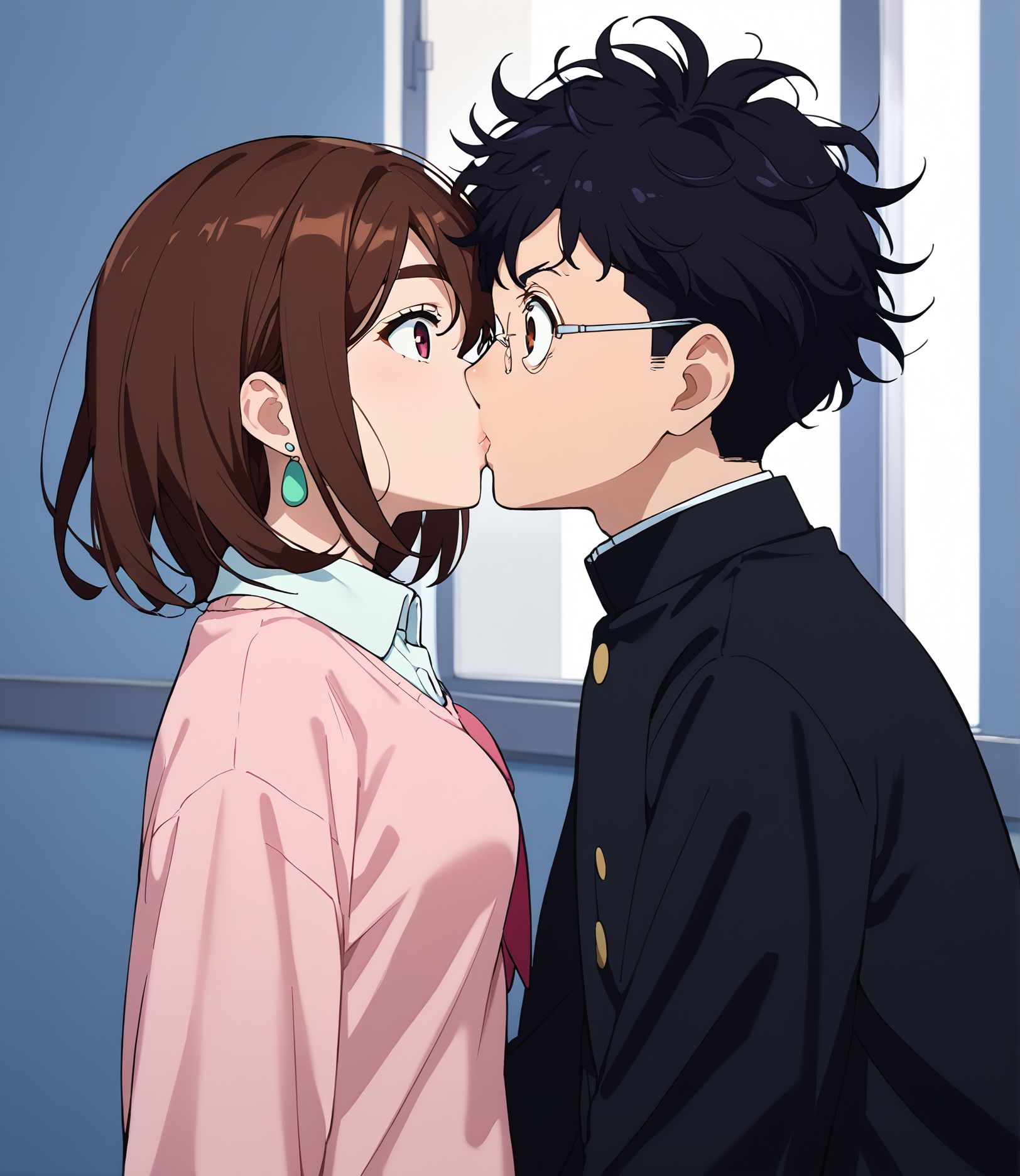 score_9, score_8_up, score_7_up, anime screencap, source_anime, 
accidental kiss, kiss, 1boy, 1girl, hetero, cute, (surprised), small pupils, !,  standing,  ( from side:1.4), face to face,(half-closed eyes, wide-eyeds), pain,hurt,Lips collide and it hurts,walking,
<lora:Accidental_kiss_Pony:1>
school, daytime, outdoors, window,door,white background, simple background, School entrance corridor,
BREAK
accidental kiss, kiss, 1boy, 1girl, hetero, cute, (surprised), small pupils, !,  standing,  ( from side:1.4), face to face,(half-closed eyes, wide-eyeds), pain,hurt,Lips collide and it hurts,walking,
<lora:Momo_Ayase_Dandadan_V2:.85>, KJOmomo, brown hair, dark eyes, medium hair, hair between eyes, thick eyebrows, green earrings,
white collared shirt, oversized pink pullover, long sleeves,  blue short skirt, untucked shirt,
(Beautiful, medium Breasts:1.2), 
BREAK
accidental kiss, kiss, 1boy, 1girl, hetero, cute, (surprised), small pupils, !,  standing,  ( from side:1.4), face to face,(half-closed eyes, wide-eyeds), pain,hurt,Lips collide and it hurts,walking,
black hair, brown eyes, glasses, round eyewear <lora:ken-ponyXL-v0.5:0.7>
((black gakuran)), messy hair, ((black school uniform)),  long sleeves, black  sleeves,