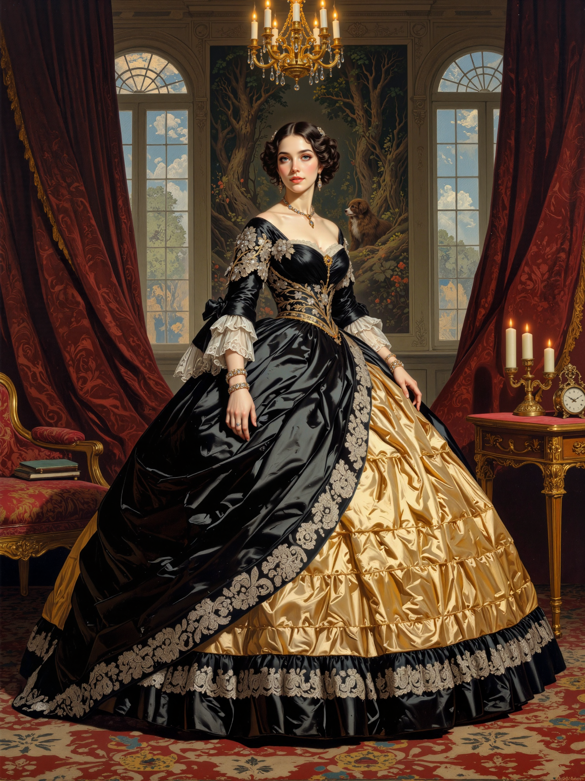 famous artwork, oil on canvas, a masterfully painted classical portrait of a gorgeous young noblewoman, blending soft, luminous brushwork with meticulous detailing, evoking the grandeur and elegance of 19th-century aristocratic portraiture in the style of franz xaver winterhalter. she is  standing gracefully at the center, her poised and dignified stance exuding refinement, her gaze captivating, with luminous porcelain skin and a faint, regal smile. cascading curls of long jet black hair frame her delicate features, elegantly pinned back with pearl and sapphire hair ornaments, soft, beautiful grey eyes reflecting the candlelight, her hands gently resting before her, one lightly grazing the folds of her gown, the other wearing a delicate lace glove and a gold ring set with a deep blue sapphire. the voluminous 19th-century ball gown is a breathtaking masterpiece of fashion, night black and gold satin, shimmering subtly in the candlelight, layered with sheer tulle and delicate lace accents, an intricate pattern of silver embroidery tracing floral motifs along the hem and luxurious bodice, a dramatic sweetheart neckline framed by puffed lace sleeves, a prominent bow in matching night black and gold satin at the bust, cascading velvet ribbons trailing down the tiered skirt, the opulent textures of fabric, lace, and embroidery captured with masterful precision. the background features a grand, dimly lit ballroom with towering paintings in gilded frames, a candlelit chandelier is casting a soft light, deep burgundy and gold brocade drapes frame the tall arched windows, a richly upholstered chaise lounge and an ornate carved wood side table adorned with fine porcelain and a gilded clock add to the opulence. three-quarter view portrait, slightly low angle, emphasizing the subjectâs elegance and the grandeur of the setting, a balanced yet dynamic composition guiding the viewerâs eye from the subjectâs luminous face to the intricate details of the gown and surrounding dÃ©cor. soft chiaroscuro lighting, warm golden candlelight illuminating her features and fabric, subtle play of shadow and light adding depth and dimension, gentle reflections of candlelight flickering across the polished surfaces of the ballroom, accentuating the richness of the scene. painted on fine canvas with delicate, visible brushstrokes capturing the textures of satin, lace, and carved wood, the painterly approach lending a timeless, museum-worthy authenticity, colors rich and saturated yet softened by the interplay of light, evoking a sense of nostalgia and timeless beauty, ovg, fs, <lora:style-former_splendor-v2-flux-by_marielle:0.64>