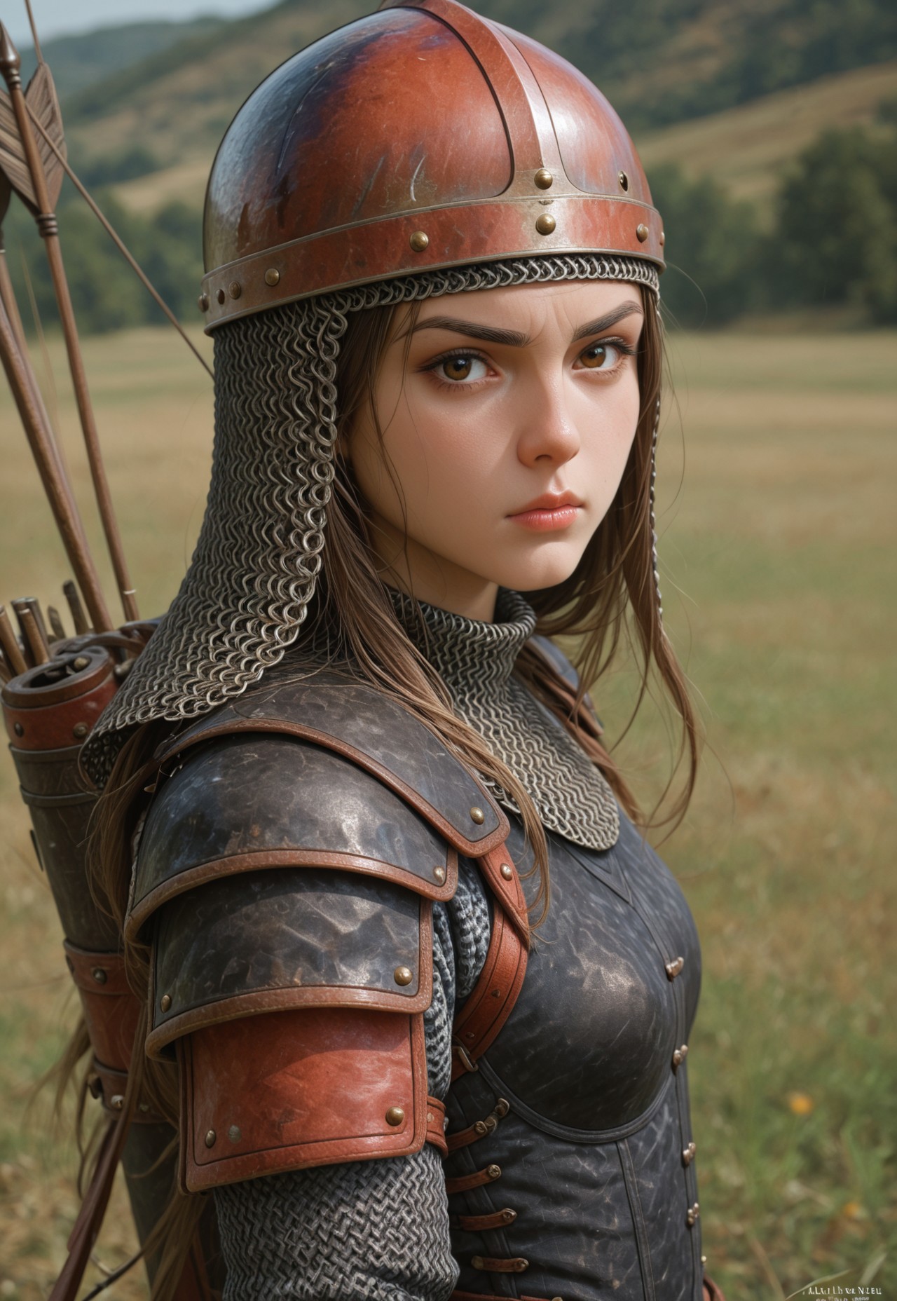(((score_9, score_8_up, score_7_up, frontal view, )))
, 
((( masterpiece, complicated shadows, high quality shadows, midday lighting)))
,
((( Valeskamb2, long hair, brown hair, brown eyes, Armor, chainmail, helmet, shoulder armor, Arrow (projectile), quiver,)))
,
((( 1girl, solo )))
,
((( Blurred background)))
,
((( Field, sunny ))) 
,
((( )))
,
((( )))