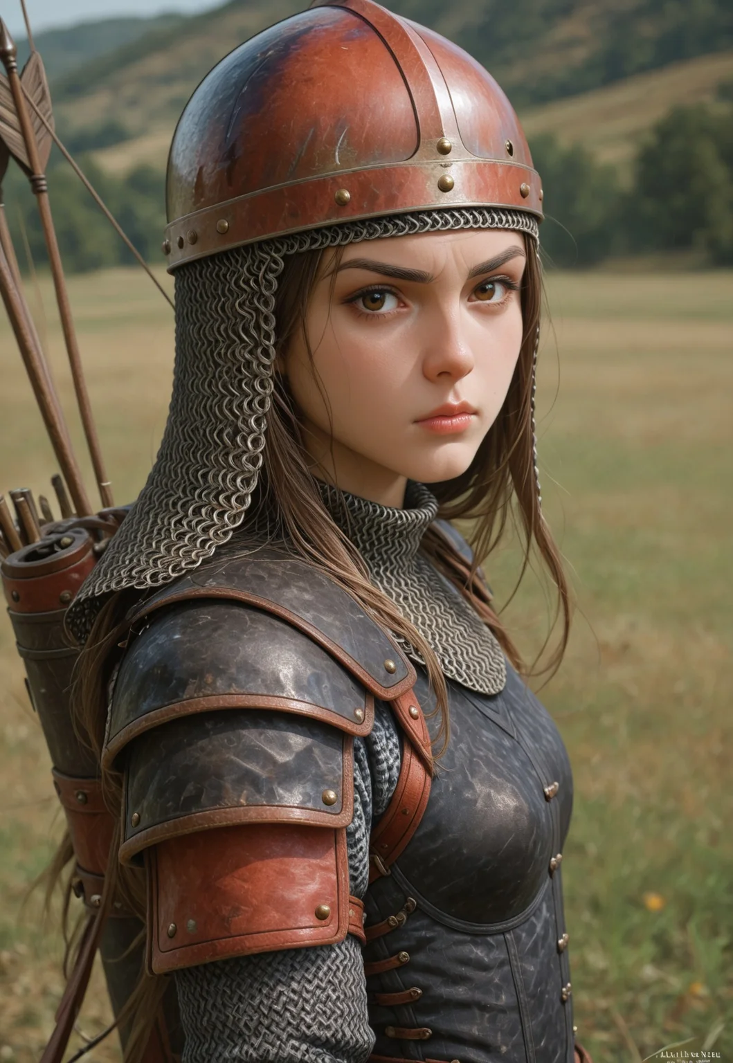 (((score_9, score_8_up, score_7_up, frontal view, )))
, 
((( masterpiece, complicated shadows, high quality shadows, midday lighting)))
,
((( Valeskamb2, long hair, brown hair, brown eyes, Armor, chainmail, helmet, shoulder armor, Arrow (projectile), quiver,)))
,
((( 1girl, solo )))
,
((( Blurred background)))
,
((( Field, sunny ))) 
,
((( )))
,
((( )))