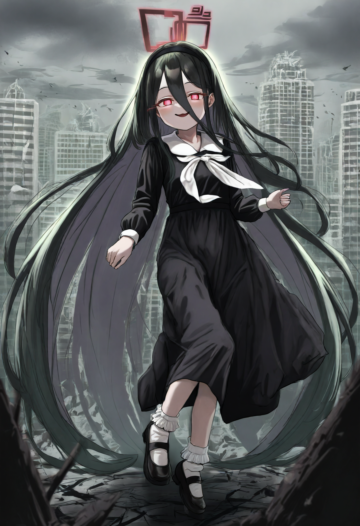 best quality, amazing quality, very aesthetic, full body, <lora:Gishiki:1>, solo, 1girl, aris \(blue archive\), dark persona, red halo, black hair, hair down, absurdly long hair, long hair between eyes, red eyes, white pupils, bright pupils, ringed eyes, glowing eyes, black headband, alternate costume, black dress, long dress, long sleeves, white neckerchief, white collar, black footwear, mary janes, white socks, frilled socks, bobby socks, floating, flying, floating hair, looking at viewer, smug, evil smile, seductive smile, wasteland, post-apocalypse, city, destroyed buildings, grey sky, cloudy sky, outdoors, <lora:ChamIllustriousBackgroundEnhancer:1>