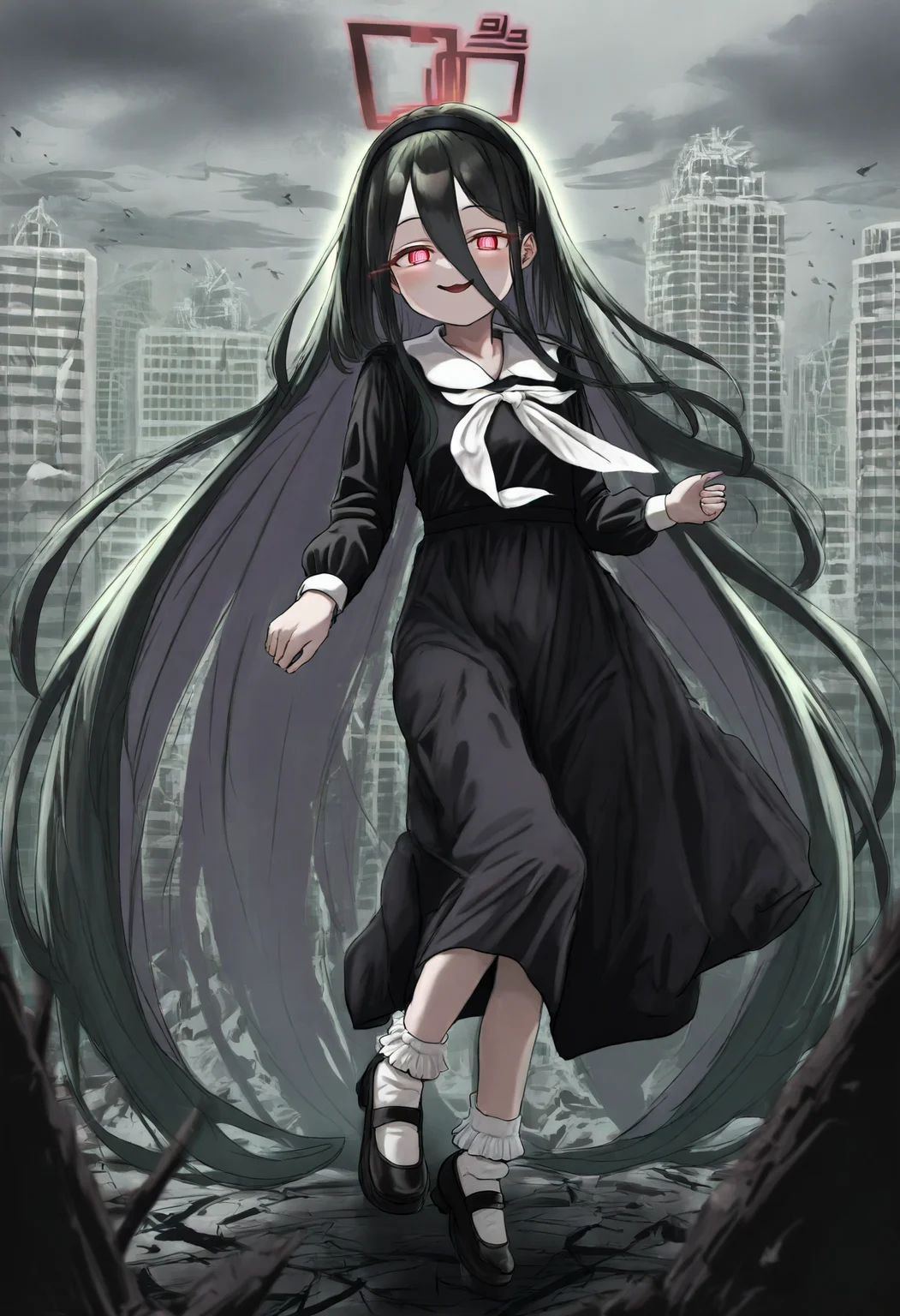 best quality, amazing quality, very aesthetic, full body, <lora:Gishiki:1>, solo, 1girl, aris \(blue archive\), dark persona, red halo, black hair, hair down, absurdly long hair, long hair between eyes, red eyes, white pupils, bright pupils, ringed eyes, glowing eyes, black headband, alternate costume, black dress, long dress, long sleeves, white neckerchief, white collar, black footwear, mary janes, white socks, frilled socks, bobby socks, floating, flying, floating hair, looking at viewer, smug, evil smile, seductive smile, wasteland, post-apocalypse, city, destroyed buildings, grey sky, cloudy sky, outdoors, <lora:ChamIllustriousBackgroundEnhancer:1>