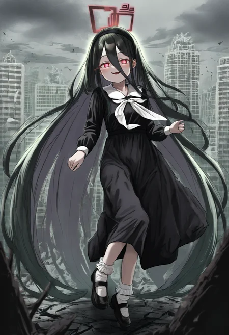 best quality, amazing quality, very aesthetic, full body, <lora:Gishiki:1>, solo, 1girl, aris \(blue archive\), dark persona, red halo, black hair, hair down, absurdly long hair, long hair between eyes, red eyes, white pupils, bright pupils, ringed eyes, glowing eyes, black headband, alternate costume, black dress, long dress, long sleeves, white neckerchief, white collar, black footwear, mary janes, white socks, frilled socks, bobby socks, floating, flying, floating hair, looking at viewer, smug, evil smile, seductive smile, wasteland, post-apocalypse, city, destroyed buildings, grey sky, cloudy sky, outdoors, <lora:ChamIllustriousBackgroundEnhancer:1>