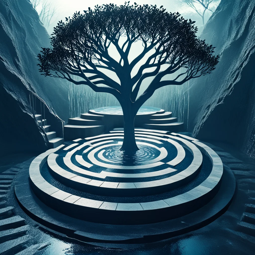 <lora:Geometric_Dreamlike_Movie_r1:1> The tree is standing on a circular platform that is in the middle of a maze-like structure with a small pool of water at the bottom. The platform is made up of multiple levels of stairs that lead up to the top of the tree. The stairs are made of concrete and have a zigzag pattern on them. The water is a deep blue color and reflects the tree and the sky giving the image a dreamy and ethereal feel. The overall mood of the piece is dark and mysterious.