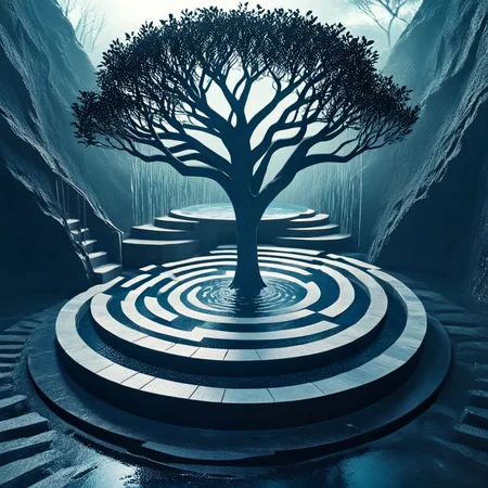 <lora:Geometric_Dreamlike_Movie_r1:1> The tree is standing on a circular platform that is in the middle of a maze-like structure with a small pool of water at the bottom. The platform is made up of multiple levels of stairs that lead up to the top of the tree. The stairs are made of concrete and have a zigzag pattern on them. The water is a deep blue color and reflects the tree and the sky giving the image a dreamy and ethereal feel. The overall mood of the piece is dark and mysterious.
