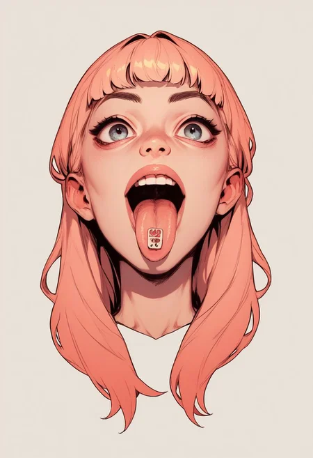 score_9, score_8_up, score_7_up, score_6_up, 34tp4p3r, open mouth, tongue out, source_anime, flat color, l0g0, simple background, long hair