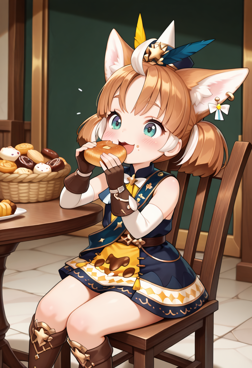 masterpiece, best quality, KRTaily, 1girl, solo, animal ears, brown hair, gloves, short hair,
, :3, boots, feathers,short dress, multicolored hair, jewelry, hat,earrings, knee boots, elbow gloves, animal ear fluff, sleeveless, blush, sash, fingerless gloves, white hair, belt,cone hat, happy,smile,sitting wooden chair,open mouth, (girl eating sweets:1.3), (cheeks puffed out:1.2), (happy expression:1.1), (wrapped candies:1.0), (sunny indoor light:0.8), (table with snacks:0.8), (soft shading:0.9), (anime style:1.0)