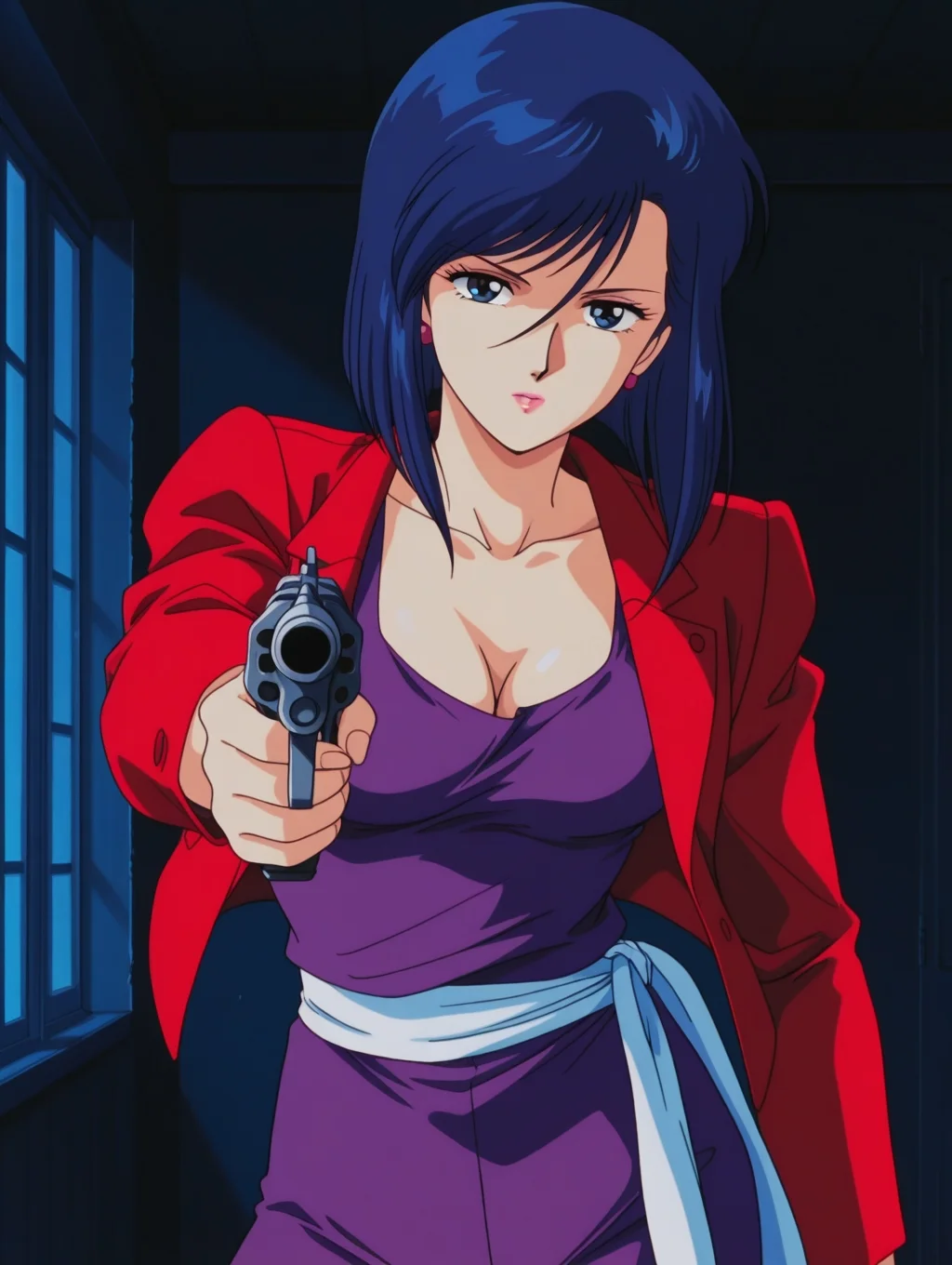 masterpiece, best quality, amazing quality, detailed background, perfect eyes, anime coloring, anime screenshot, 1990s \(style\), 1girl, solo, nogami saeko, blue hair, short hair, blue eyes, medium breasts, lipstick, earrings, red jacket, long sleeves, purple tank top, collarbone, cleavage, purple pants, sash, holding revolver, aiming to viewer, (indoors, dark, soft light)