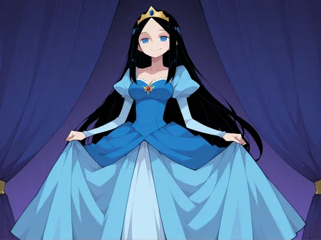 1girl,
solo, black hair, very long hair, fair skin, blue eyes, medium breasts, cheerful eyes, happy smile, blue princess dress, tiara, palace bedroom
<lora:DarkfireStyle19:1.25>