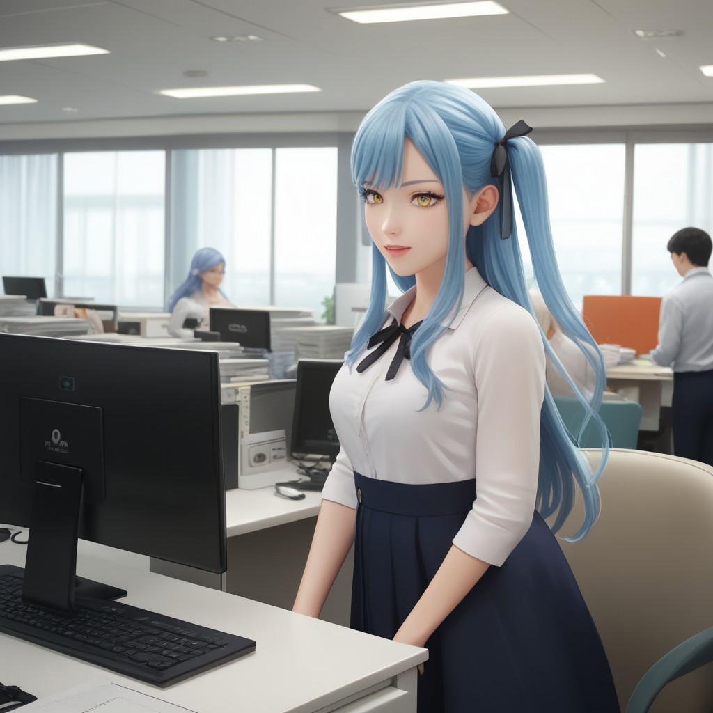 score_9, score_8, score_7, anime style, anime, (masterpiece:1.2, best quality:1.2), ((ultra-detailed)), best anatomy, togawa sakiko, long hair, blue hair, yellow eyes, black ribbon, hair ribbon, two side up, bangs,  messyjapaneseoff1ce, office interior, indoors, office, doing_customer_assistant_work, in front of computer,