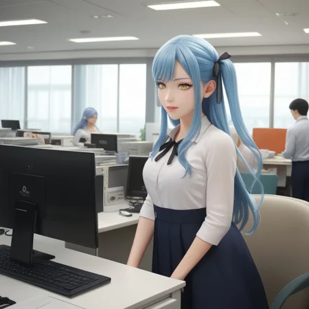 score_9, score_8, score_7, anime style, anime, (masterpiece:1.2, best quality:1.2), ((ultra-detailed)), best anatomy, togawa sakiko, long hair, blue hair, yellow eyes, black ribbon, hair ribbon, two side up, bangs, messyjapaneseoff1ce, office interior, indoors, office, doing_customer_assistant_work, in front of computer,
