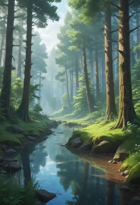 forest, scenery, outdoors, nature, water, three, grass, anime style, no humans