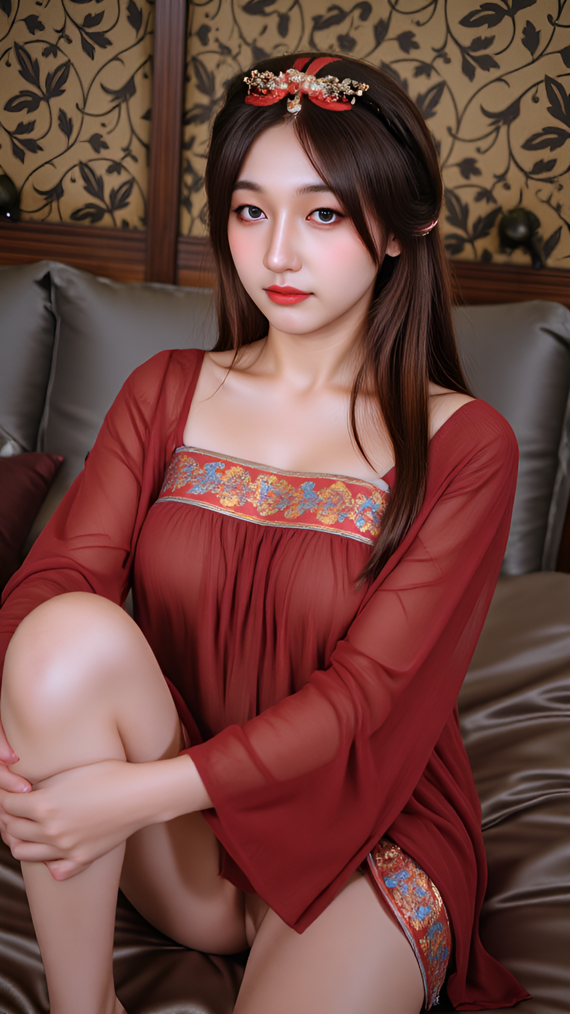 a red sgwn111clothing, The photo is in cowboy shot with detailed background.