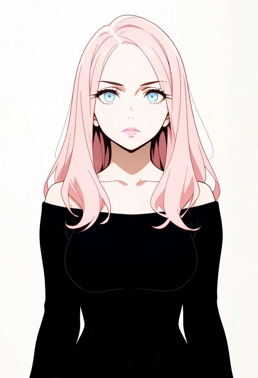 masterpiece, best quality, amazing quality, very aesthetic, absurdres, anime, modern anime screencap, official art, anime screencap
1girl, pretty Japanese girl, freckles, solo, pink hair, long hair, light blue eyes, sweater, looking at viewer, wearing an oversized black top with long sleeves, bare shoulders, visible collor bone, long hair, bangs swept to the side, forehead visible through hair, medium breasts, simple background, makeup, gorgeous lips, light pink lipstick, eyelashes, closed mouth, straight-on, short hair, indoors, standing Infront of a grey wall