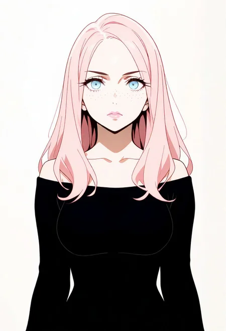 masterpiece, best quality, amazing quality, very aesthetic, absurdres, anime, modern anime screencap, official art, anime screencap
1girl, pretty Japanese girl, freckles, solo, pink hair, long hair, light blue eyes, sweater, looking at viewer, wearing an oversized black top with long sleeves, bare shoulders, visible collor bone, long hair, bangs swept to the side, forehead visible through hair, medium breasts, simple background, makeup, gorgeous lips, light pink lipstick, eyelashes, closed mouth, straight-on, short hair, indoors, standing Infront of a grey wall