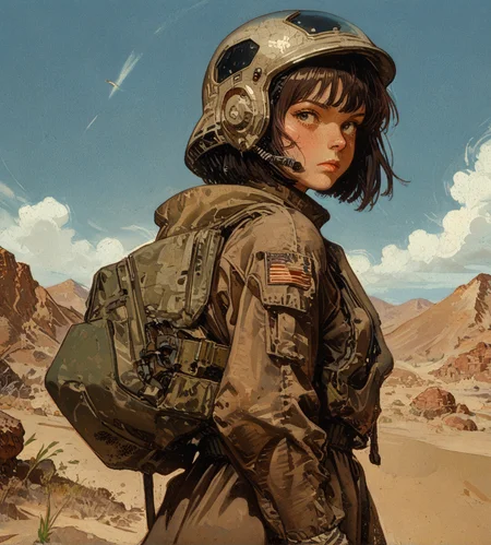 1girl, solo, looking at viewer, short hair, brown hair, gloves, closed mouth, ass, outdoors, cowboy shot, sky, day, looking back, from behind, blue sky, white gloves, helmet, skin tight, american flag, helmet on back  A digital illustration shoot from a profile camera angle about a female astronaut in a spacesuit holding a helmet, set against a desert landscape with mountains in the background. the image also shows a clear blue sky and a few distant mountains. on the middle of the image, a 1woman, who appears to be a young woman with short black hair, wearing a white and blue spacesuit with the American flag on the chest, is standing with her back to the viewer, looking over her shoulder with a thoughtful expression. she is wearing white gloves and has a helmet on her left shoulder. her body is slim, and she is facing away from the viewer. her hair is styled in a short hair style, and her eye color is unknown. her facial expression is not specified, but her body language suggests a sense of calmness. score_9, score_8_up, score_7_up, score_6_up,    embedding:zPDXLxxx       <lora:jc_leyendecker_pony_v6_smooth_fix_metadata:0.7625866475898596> <lora:norman_rockwell_style_pony_v6-000040:0.7646249381191905>\n <lora:Xenotrip_v.2:0.06133673230205705> <lora:Kenva:0.7606111858311396> <lora:Sinozick:0.5997791754556129>  <lora:Serpieri_for_Pony-000011:0.10903068739939738>