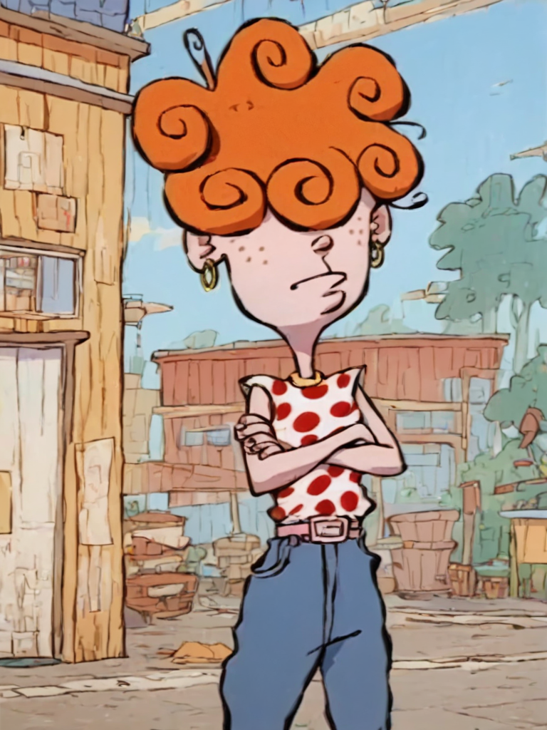 <lora:LeeKankerPony1.0:1.0> leekanker, hair over eyes, orange hair, 1girl, hoop earrings, polka dot clothing, solo, freckles, curly hair, belt,crossed arms,  pants, jeans,outdoors, score_9, score_8_up, score_7_up, score_6_up <lora:Jabstyle_AMXLV1:1>