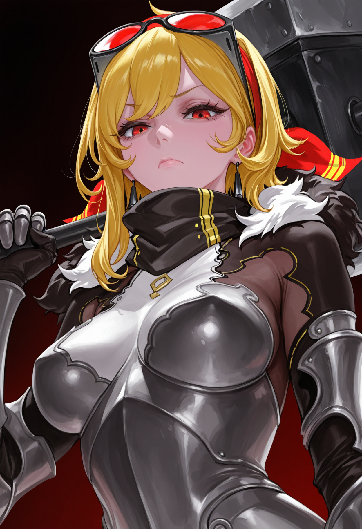 bm94199, 

from below, dutch angle, 

1girl, kaela kovalskia, solo, upper body, 

plate armor, 

standing, holding weapon, weapon over shoulder, hammer, 

looking down, looking at viewer, annoyed, 

dark background, 

masterpiece, best quality, amazing quality, 