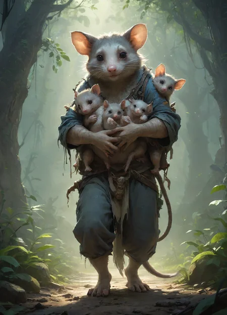 possum,carrying babies in the hand and on the back,Fantasy concept art style, digital painting, imaginative, dynamic composition, professional-grade execution, creates immersive world and landscape, brush strokes, epic, magical