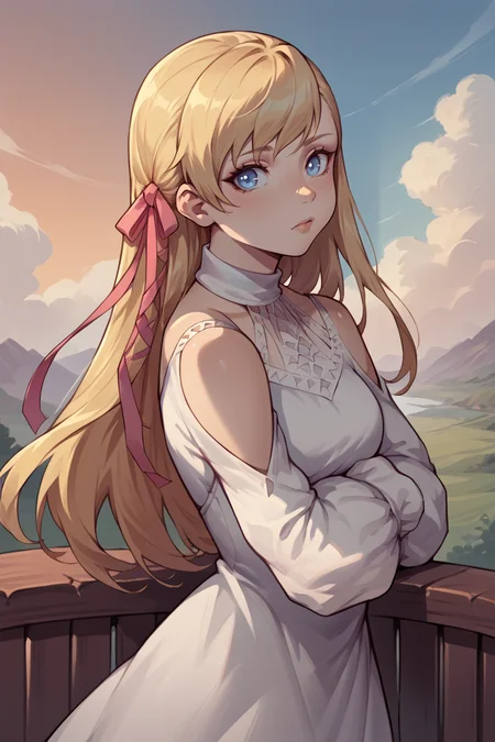 score_9, score_8_up, score_7_up, score_6_up, source_anime, BREAK 1girl <lora:ryne-pdxl-nvwls-v1:1> ryne, blonde hair, blue eyes, hair ribbon, white dress, shoulder cutout, from side, looking at you, sky, sunset, thinking