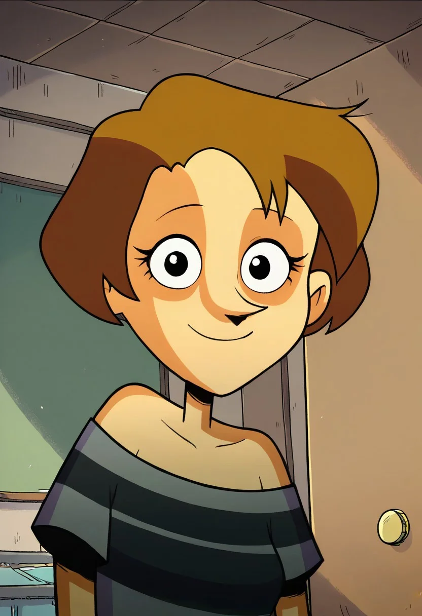 score_9,score_8_up,score_7_up, 1girl, solo, Alice_TADL, fair skin, pointy nose, brown hair, short hair, black eyes, grey and black shirt stripe, uncovered navel, looking at viewer, indoors, room background, (portrait)