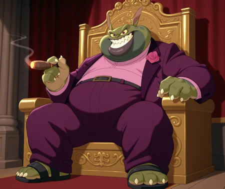 masterpiece, best quality, amazing quality, smile, solo, 1boy, furry male, green skin, thick lips, sharp teeth, SJSwackhammer, yellow sclera, purple eyes, fat man, purple suit, pink shirt, belt, facial hair,  corsage, indoors,throne, full body, sandals, toeless footwear, sitting, looking at viewer, grin, holding cigar, claws,  <lora:SpaceJamSwackhammer:1>