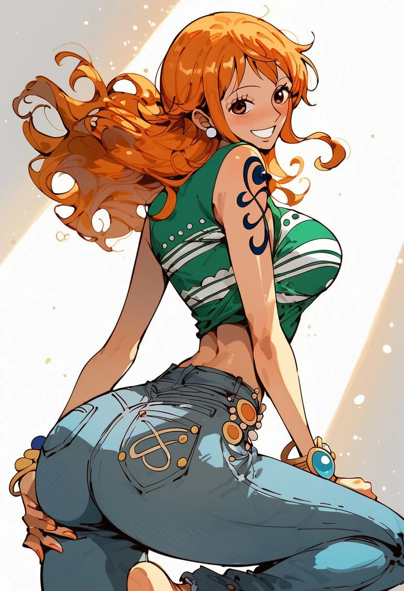 ,score_9, score_8_up, score_7_up, Expressiveh, (masterpiece), nami, low waist jeans shorts,(blush, joyful, smile), skinny, post timeskip nami, orange short hair, anime, one piece style, from the back, looking at camera, one feet up, one piece anatomy, huge ass, thight clothes, shiny skin, sexy, solo, beautiful face, perfect face, standing up, erotic pose, pink lightings, sunlight, oily skin, simple background, very detailled face, very detailled ass, fullbody, solo