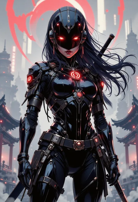 A digital anime artwork in the style of cklg, in the style of ck-ncr,, vibrant reflective holographic drawing in the style of ckhg, female cyberpunk robot samurai, robot face with mirrored face shield, hyperdetailed helmet, flowing black hair, reflective black and neon red SilverPulse armor, robot joints, body made of metals, cables and wires, a katana strapped to her back, abstract background suggesting eastern temple