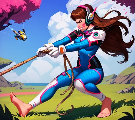 score_9, score_8_up, score_7_up, score_6_up, <lora:Pony_DetailV2.0:0.4>, <lora:Tug-of-war:0.7> (tug-of-war), 1girl, rope, pulling rope, barefoot, clenched teeth, struggling, outside, grass, sweat, angry, intense, action pose, effort, <lora:DVaPony:0.6> 1girl, bodysuit, long hair, high collar, gloves, headphones, whisker markings, facepaint, shoulder pads, clothes writing,