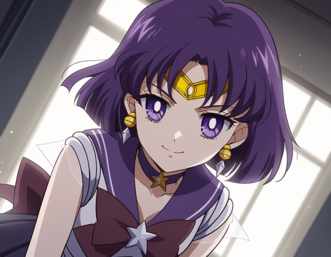 score_9, score_8_up, score_7_up, source_anime, <lora:hotaru-tomoe-eternal-movie1-ponyxl-lora-nochekaiser:1>, hotaru tomoe, purple eyes, short hair, purple hair, circlet,, brooch, choker, earrings, gloves, jewelry, magical girl, miniskirt, purple sailor collar, sailor collar, sailor senshi uniform, skirt, star choker, white gloves,, indoors, bent over, smile, looking at viewer, solo,, cowboy shot, dutch angle