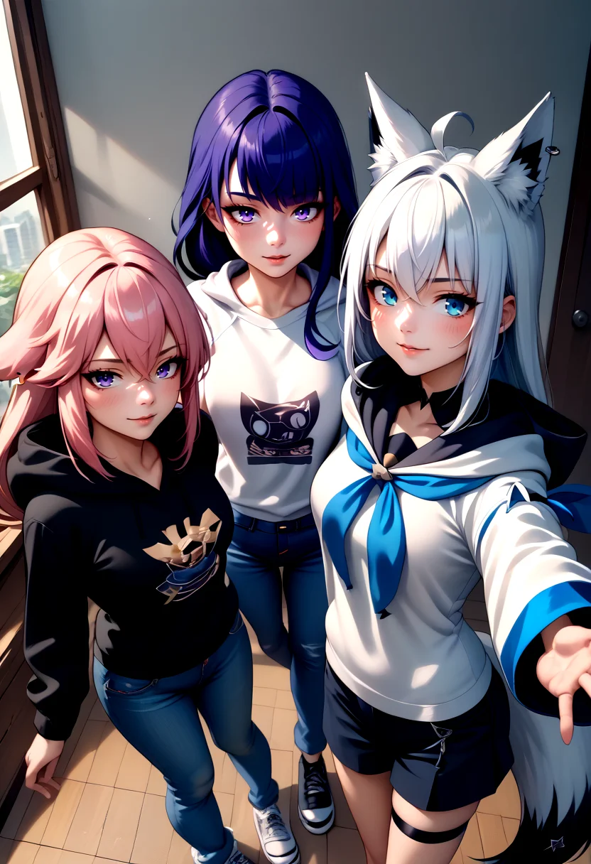 score_9, score_8_up,score_7_up, source_anime, indoors, standing, cowboy shot, 3girls, seductive smile, from above, looking at viewer,
BREAK yae miko, black hoodie, hoodie, jeans,
BREAK raiden shogun, white hoodie, hoodie, jeans,
BREAK reaching towards viewer, <lora:fubukiXL:1>, fubukibase, white blouse, detached sleeves, black shorts, blue neckerchief, thigh strap, single thighhigh, white hair, single side braid, ahoge, piercing, fox tail, pentagram,
