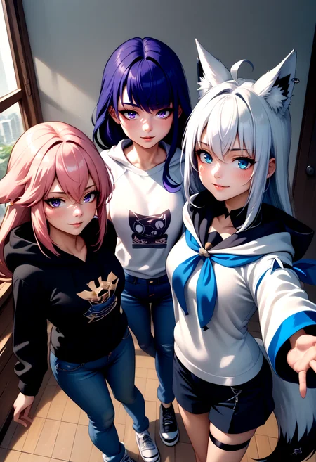 score_9, score_8_up,score_7_up, source_anime, indoors, standing, cowboy shot, 3girls, seductive smile, from above, looking at viewer, 
BREAK yae miko, black hoodie, hoodie, jeans,
BREAK raiden shogun, white hoodie, hoodie, jeans,
BREAK reaching towards viewer, <lora:fubukiXL:1>, fubukibase, white blouse, detached sleeves, black shorts, blue neckerchief, thigh strap, single thighhigh, white hair, single side braid, ahoge, piercing, fox tail, pentagram,