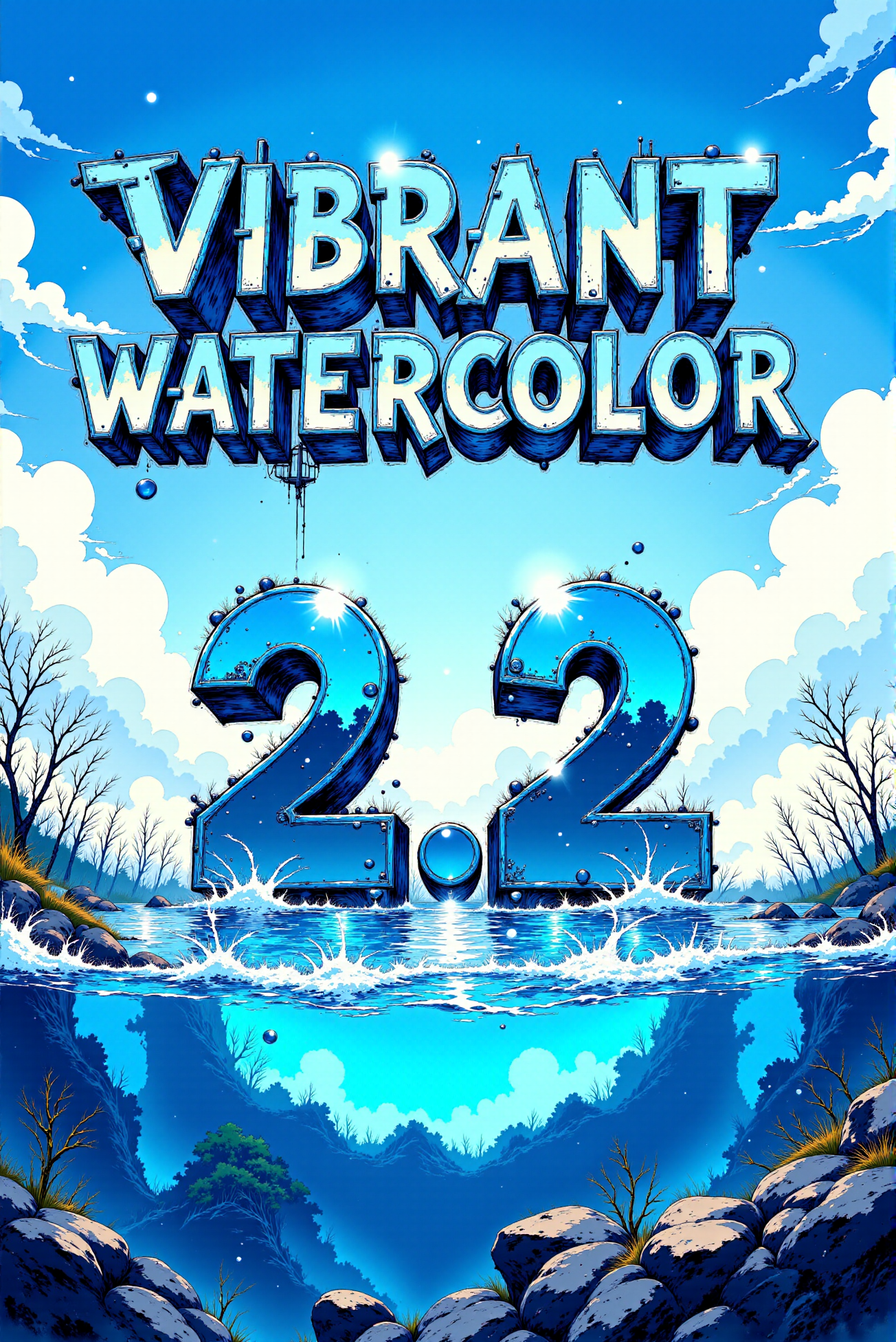<lora:Vibrant_watercolor_v.21:0.6>  <lora:Fancha_style_v.5:0.6> Fancha style.  <lora:Textimprover-FLUX-V0.4:0.7> aidmatextimprover.
A shiny reflective chrome (text says "VIBRANT WATERCOLOR":1.2) and (digit  "2.2":0.5), floating mid-air above a stunning seascape.