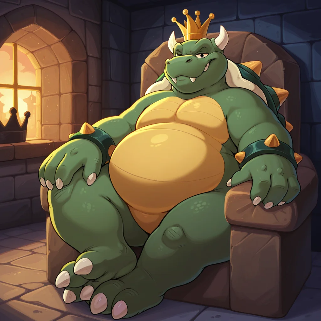 masterpiece, best quality, newest, absurdres, highres, safe, <lora:King_Koopa_-_IL:1> king koopa, turtle, furry, chubby, fat, green skin, yellow belly, reptile, crown, spiky shell, horns, spiky bracelets, three toes, castle background, dungeon scenery, sitting on a throne, smiling, looking at viewer, (((shaded))), ((detailed)), ((vibrant)), detailed background, <lora:NOOB_EPSv1_1_detailer_by_vlnvk_v1_0:1>
