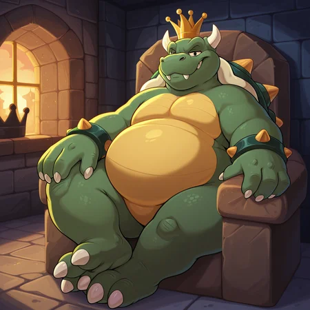 masterpiece, best quality, newest, absurdres, highres, safe, <lora:King_Koopa_-_IL:1> king koopa, turtle, furry, chubby, fat, green skin, yellow belly, reptile, crown, spiky shell, horns, spiky bracelets, three toes, castle background, dungeon scenery, sitting on a throne, smiling, looking at viewer, (((shaded))), ((detailed)), ((vibrant)), detailed background, <lora:NOOB_EPSv1_1_detailer_by_vlnvk_v1_0:1>