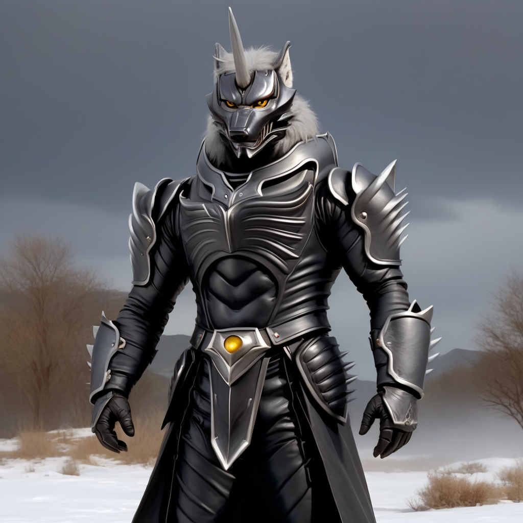 score_9, score_8_up, score_7_up, score_6_up, score_5_up, score_4_up, 
dynamic action pose, male, handsome, powerful muscular body, (full body), (Totality Embodiment), breathtaking beauty, pure perfection, divine presence, unforgettable, impressive, chiaroscuro, night time,
black metal armor, grey wolf, grey body, grey skin, grey fur, villain, glowing yellow eyes, long white hair, wolf face helmet, wolf face mask, single horn on forehead, powerful muscular warrior like body, opened armored leather long jacket, thick arms, thick legs, wide thick chest, large pecs, abs, dashing, evil, villain, supervillain, masterclass oil painting, blistering cold winter night, frozen wasteland, detailed background, 
 <lora:Zen_Aku_Power_Rangers_Wild_Force_AD_SDXL:0.65>