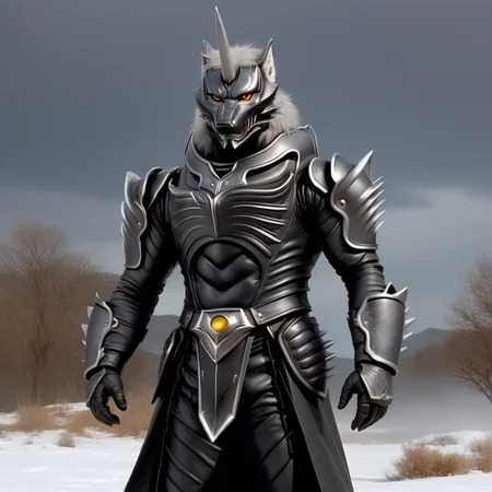 score_9, score_8_up, score_7_up, score_6_up, score_5_up, score_4_up,
dynamic action pose, male, handsome, powerful muscular body, (full body), (Totality Embodiment), breathtaking beauty, pure perfection, divine presence, unforgettable, impressive, chiaroscuro, night time,
black metal armor, grey wolf, grey body, grey skin, grey fur, villain, glowing yellow eyes, long white hair, wolf face helmet, wolf face mask, single horn on forehead, powerful muscular warrior like body, opened armored leather long jacket, thick arms, thick legs, wide thick chest, large pecs, abs, dashing, evil, villain, supervillain, masterclass oil painting, blistering cold winter night, frozen wasteland, detailed background,
<lora:Zen_Aku_Power_Rangers_Wild_Force_AD_SDXL:0.65>