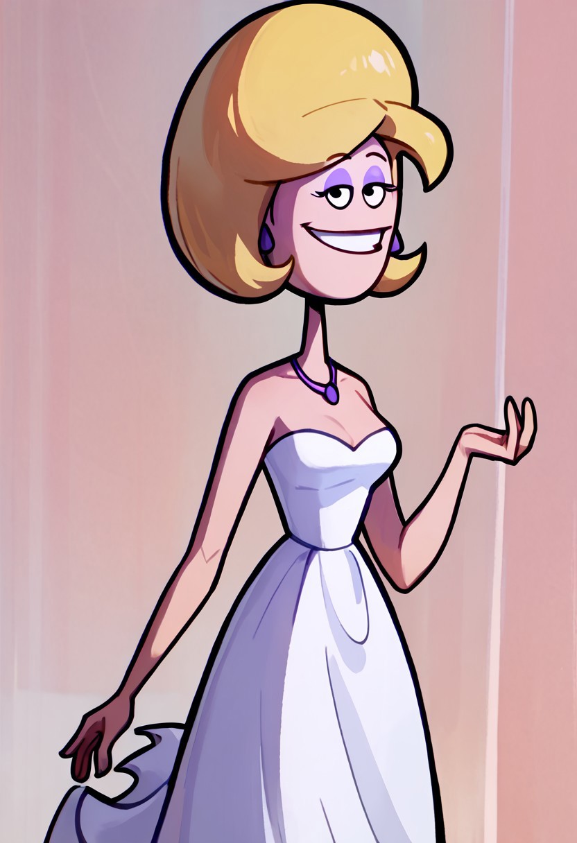 score_9, score_8_up, score_7_up BREAK PristineK, 1girl, blonde hair, black eyes, purple eyeshadow, purple oval earrings, purple necklace, strapless white dress, high-heeled white shoes, full body, smiling at viewer,