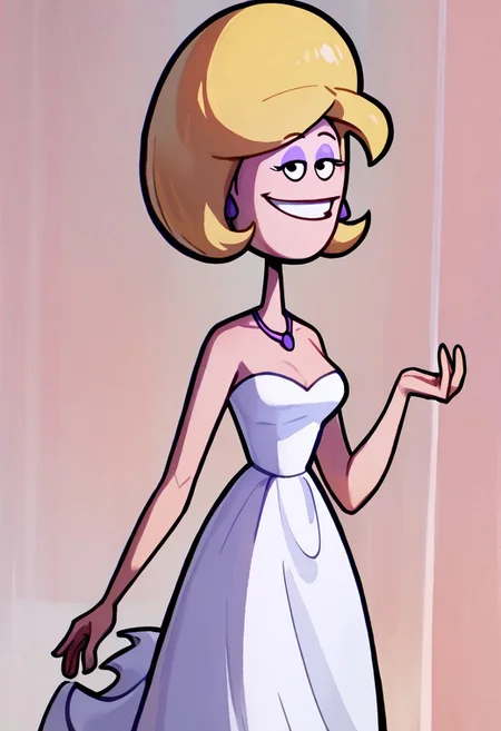 score_9, score_8_up, score_7_up BREAK PristineK, 1girl, blonde hair, black eyes, purple eyeshadow, purple oval earrings, purple necklace, strapless white dress, high-heeled white shoes, full body, smiling at viewer,