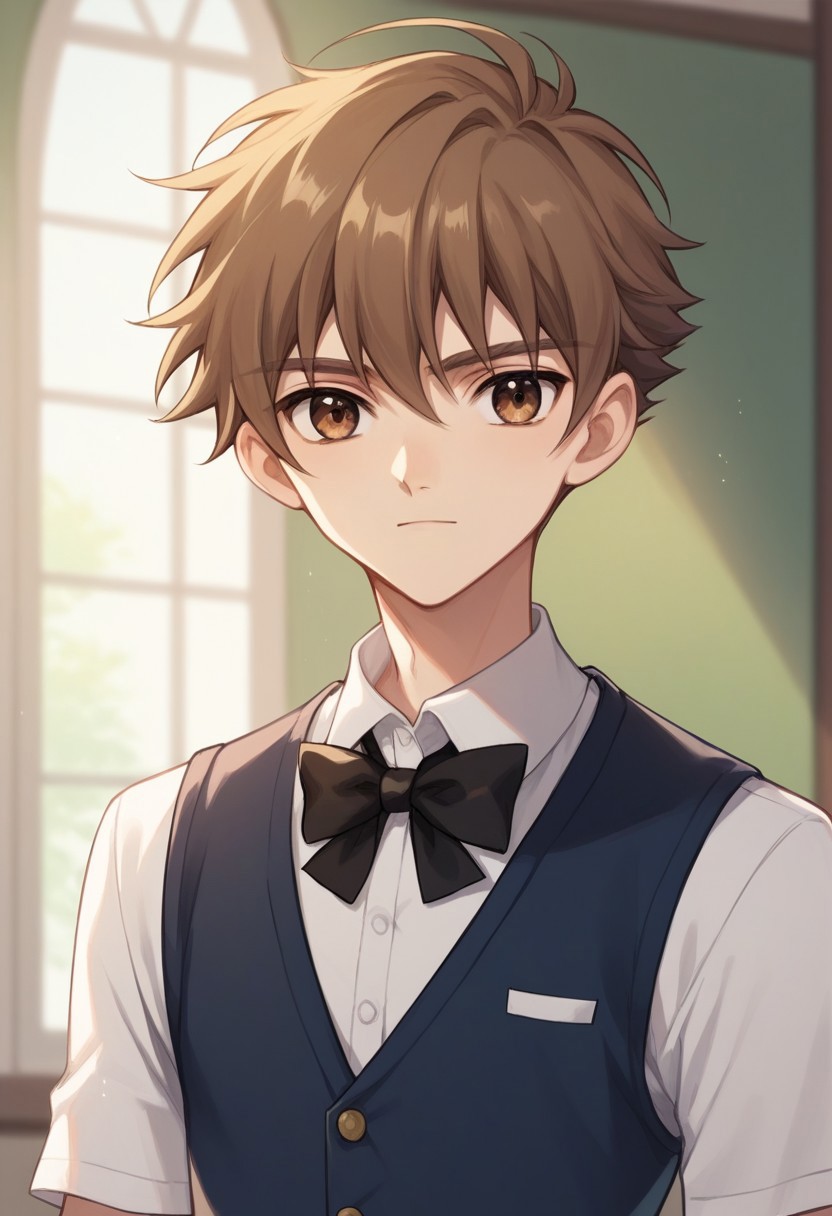 score_9, score_8_up, score_7_up, source_anime, highly detailed, 
shaoran, 1boy, male focus, brown hair, brown eyes, solo, bow, bowtie, shirt, vest, white shirt,
looking at viewer, waiter uniform, slender, skinny, upper body,
indoor,