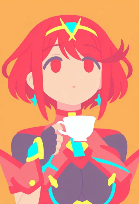 masterpiece, best quality, hires, absurdres, newest, 1girl, solo, <lora:pyra-xb-richy-v1_ixl:1> prdef, red eyes, red hair, short hair, tiara, earrings,(clear face,looking up,drinking tea,looking ahead),(chest jewel, large breasts, impossible clothes, fingerless gloves),(upper body,face focus,close to viewer),(holding teacup,drinking tea,lifting teacup),(simple background,orange background),(flat color,no lineart,kawaii,big head)