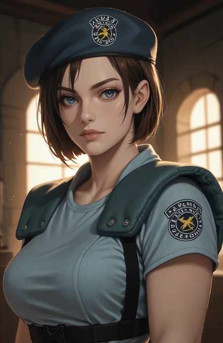 score_9, score_8_up, score_7_up, score_6_up, score_5_up, score_4_up, photoshop \(medium\), <lora:REJill_t1-000022-128:1.0> RE1Jill, blue eyes, brown bob cut, beret, breasts, fingerless gloves
, dark environment, mansion, indoors, moody lighting