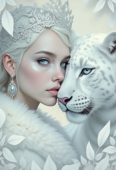 (highly detailed digitally rendered close-up portrait) A striking white woman and a sleek white jaguar lock eyes, their faces perfectly aligned to command attention. Her flawless porcelain skin glows softly under diffused lighting, accentuating her regal features—high cheekbones, a symmetrical face, and piercing ice-blue eyes framed by dramatic, smoky white makeup. Her pale rose lips and an intricate silver filigree headdress add a touch of opulence, while oversized, ornate earrings complete her majestic look. Beside her, the white jaguar presses close, its smooth, snow-white coat shimmering subtly as its icy blue eyes lock onto the viewer with an equally powerful intensity. The jaguar’s face is captured in exquisite detail, from its alert ears to its sharp, whiskered profile, perfectly complementing the woman’s poised expression. White leaves frame the duo, their angular and textured shapes adding depth and contrast to the composition. The alignment of their faces, enhanced by soft lighting and the monochromatic palette, creates a visually striking connection, blending raw animal power with human elegance in a unified, commanding presence. (OBxiaoxiang, A digital painting in the style of ck-js,)