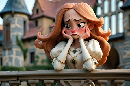 Princess, Medieval, Castle Balcony, Waiting, Sad, Royalty, Kingdom, Noble, Crown, Gown, Regal, Elegance, Despondent, Emotion, Melancholy, Lonely, Tragic, Wistful, Longing, Solitude, Damsel in Distress, Fortressed, Historic, Architecture, Renaissance, Turret, Sunset, Dusk, Dignified, Sovereign, Enchanting, Lamenting, Royalty, Court, Courtly, Pensive, Majestic, Noblewoman, Stone Walls, Moat, Tower, Tapestry, Troubled, Heartache.
  <lora:SamaritanEsdxl:1>