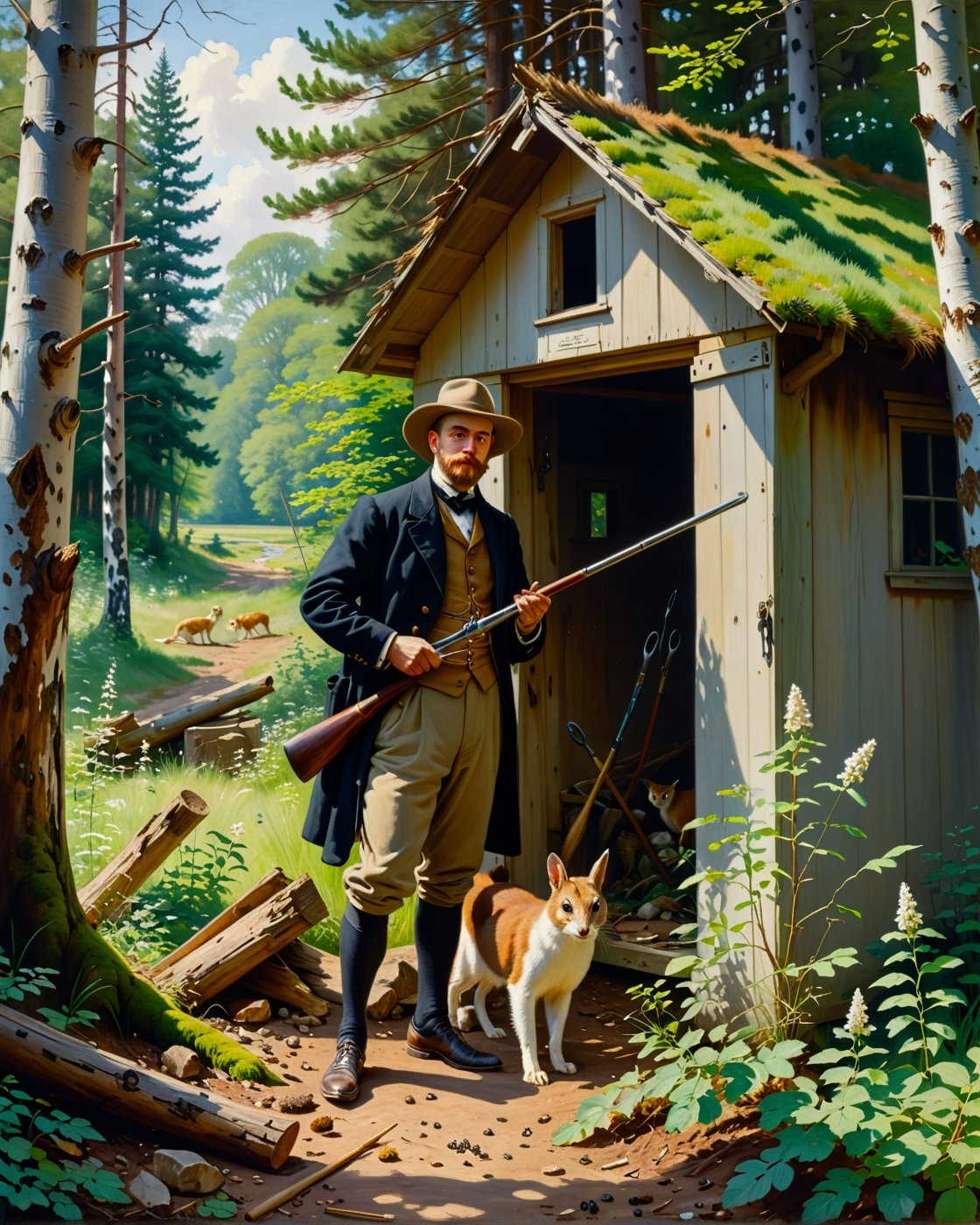 Creator Landscape, 
(style ofJohn Singer Sargent (impressionist touch)), 
stoat hunting rabbits, Ancient beech forest with emerald undergrowth, owl pellets beneath pine, peat cutter's tool shed, 
<lora:extremely_detailed:0.8> extremely detailed,
<lora:add-detail-xl:0.3>,
<lora:dreamshaperXL10_lora:0.3>
detailxl,
advntr,