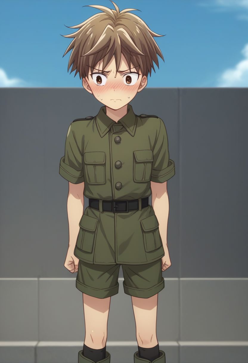 score_9, score_8_up, score_7_up, source_anime, highly detailed, 1boy, solo, male_focus, 
hiro_sohma, 1boy, brown eyes, brown hair, solo, blush, male focus, military, military uniform, shorts, socks, boots, sky, uniform, blush, embarassed, closed mouth, clenched fists
