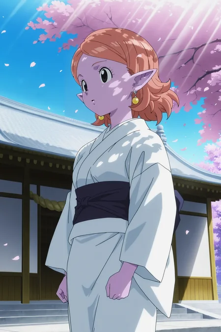 anime screencap, masterpiece, best quality, amazing quality, very aesthetic, absurdres, newest, (scenery, volumetric lighting),
chronoa, potara earrings, short hair, orange hair, pointy ears, black eyes, colored skin, purple skin,
dappled sunlight,cherry blossoms, kimono, white kimono, obi, temple, outdoors, falling petals, day, light rays,
<lora:Chronoa_IL:0.8>